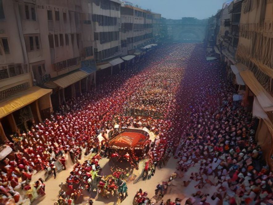 An aerial view of a baraat procession