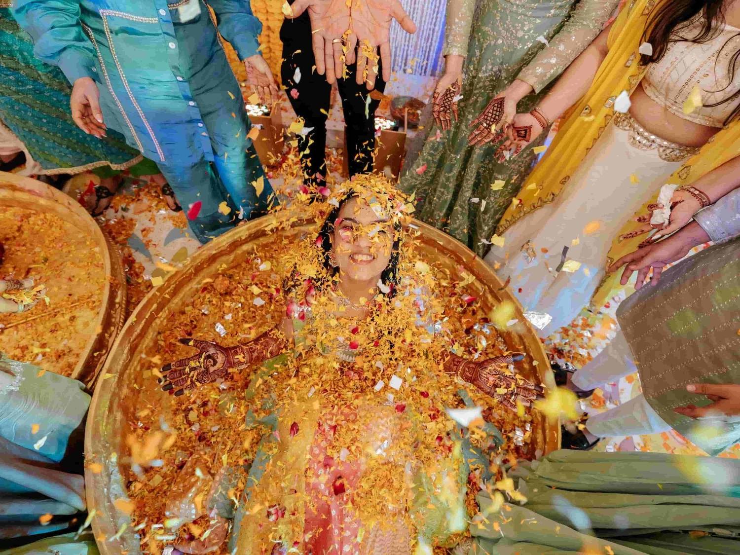Haldi ceremony, turmeric poured over the bride, Mumbai wedding